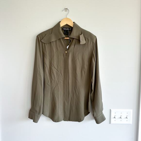 Vintage ESCADA Margaretha Ley Silk Padded Shoulder Shirt Blouse Olive - Picture 1 of 7